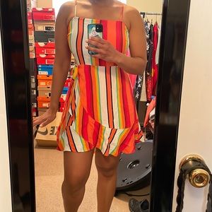 Strip print faux wrap dress